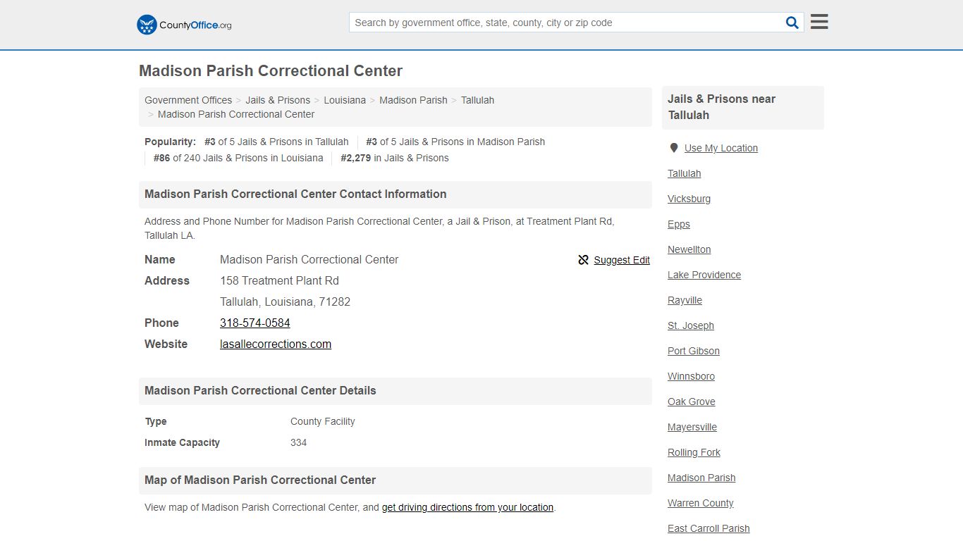 Madison Parish Correctional Center - Tallulah, LA (Address ...